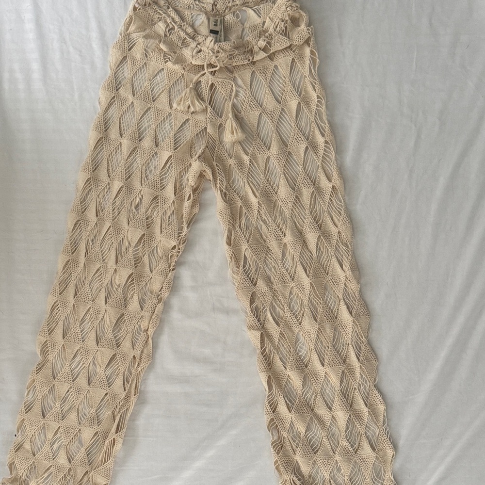 Beige Crochet Straight Leg Pants